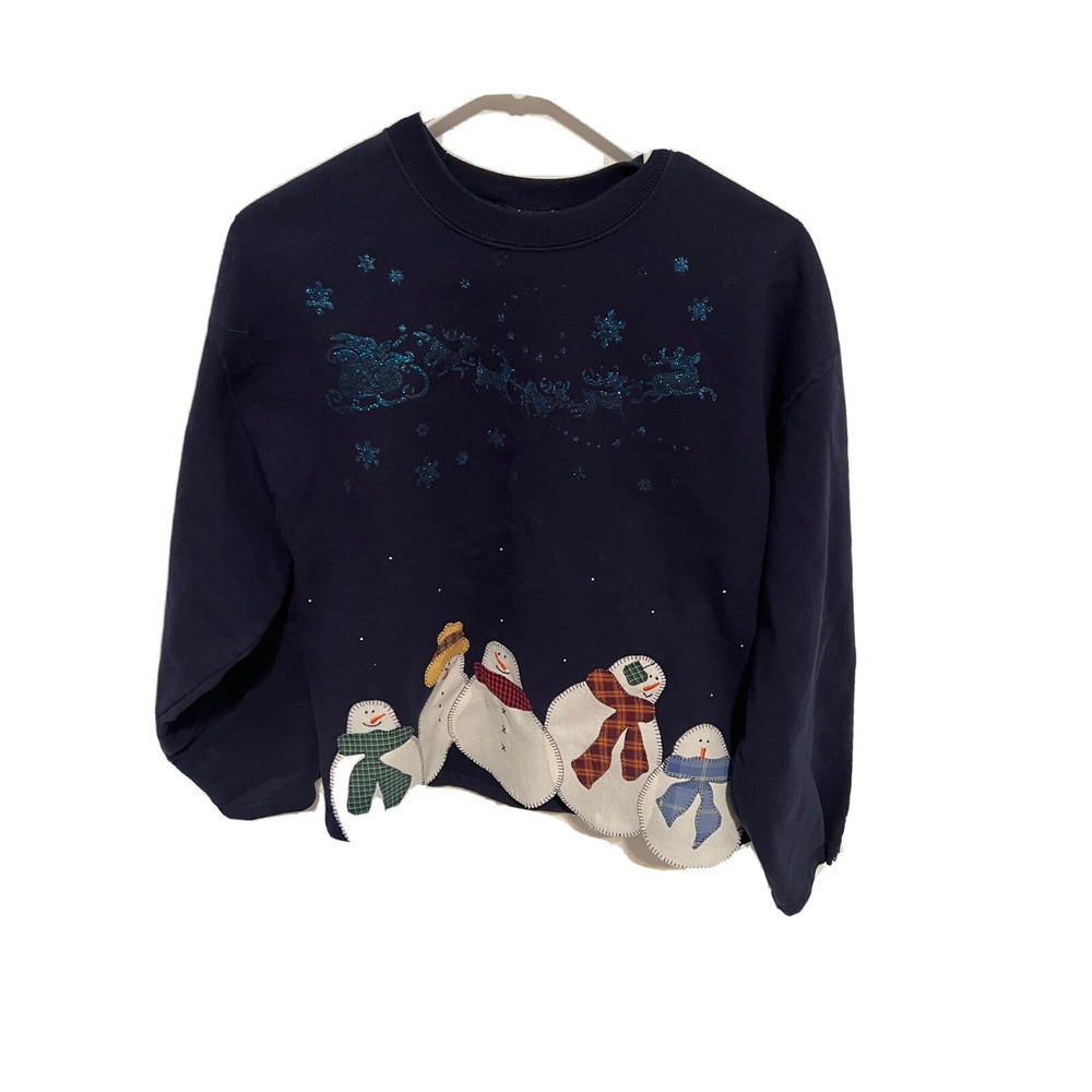 Vintage Grandma Embroidered Sweatshirt Woman Size Medium Snowman Blue